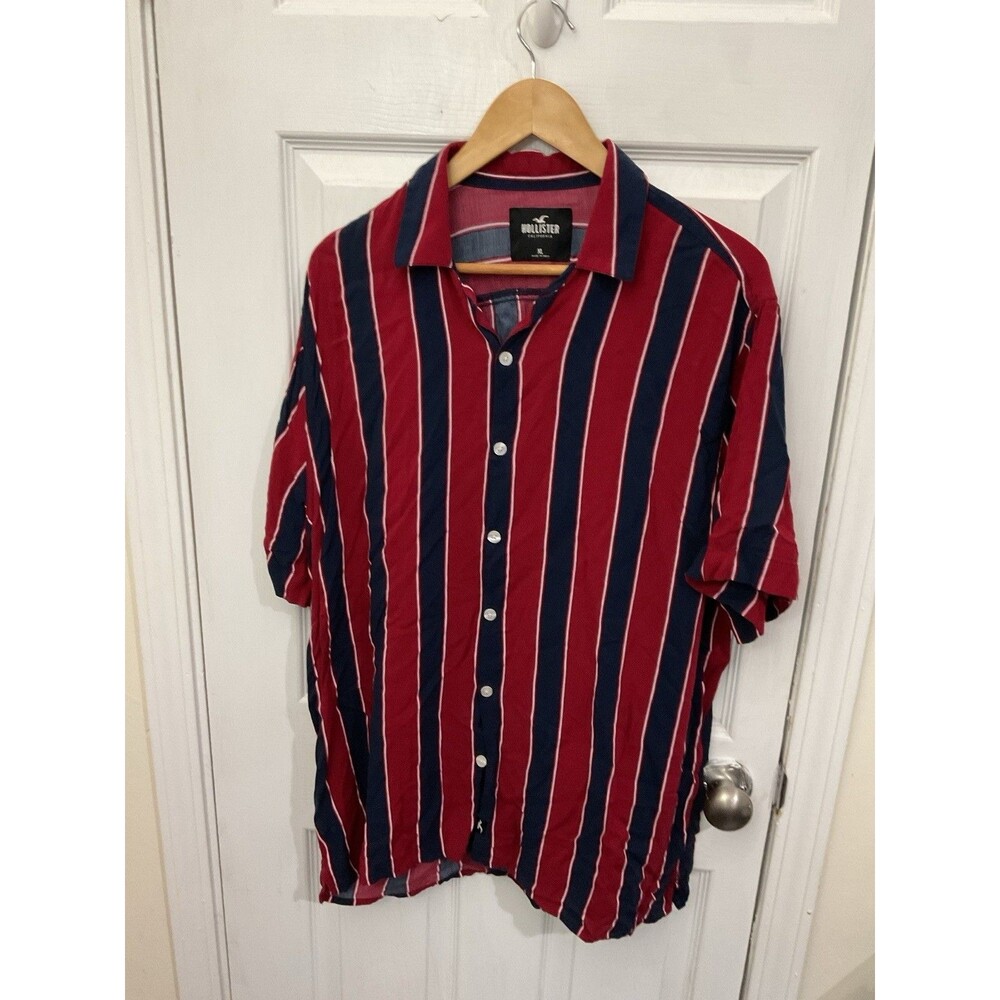 Hollister Shirt Mens XL  Navy Red Striped Short Sleeve Button Down